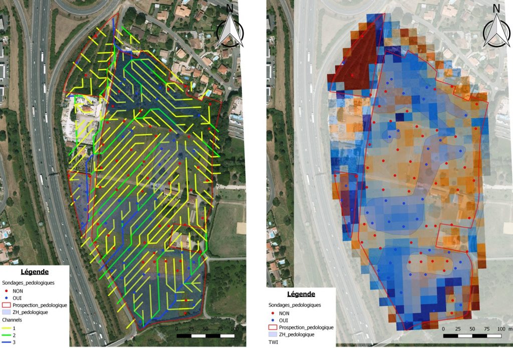 Exemples de modélisations hydro-pédologiques menées par SOLENVIE (axes de transfert ordonnés, accumulation) et comparaison avec les zones humides délimitées.